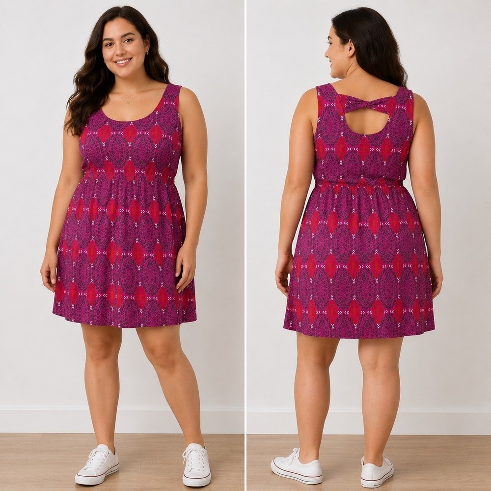 Gap Voyage Cinch Dress Large Pink Orange Geometric Cutout Back Twist Sleeveless